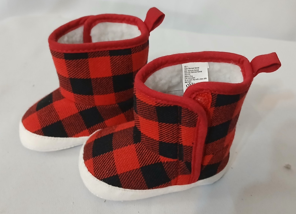 Little Me Soft Sole Infant Red Buffalo Plaid Booties Size 1 Cottagecore Cozy